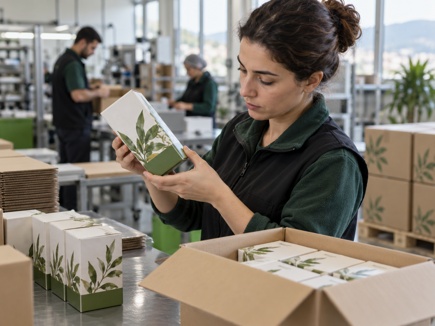 Eine Fachkraft prüft eine Verpackung in der Produktion.